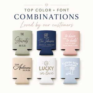 a collection of six different colored and styled beverage holders, each with unique designs and text.