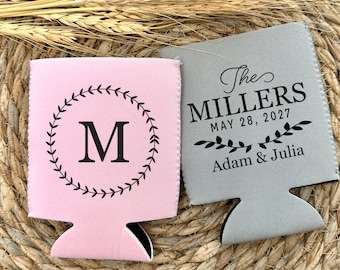 NEOPRENE Wedding Custom Floral Wreath Wedding Favor Can Coolers, Monogrammed Can Coolers, Wedding Reception, Wedding Party Favors WED-019