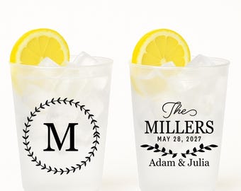 Custom Monogram Frosted Cups, Personalized Wedding Plastic Cups, Wedding Reception Favors, Reusable Party Cups, Bridal Shower Drinkware