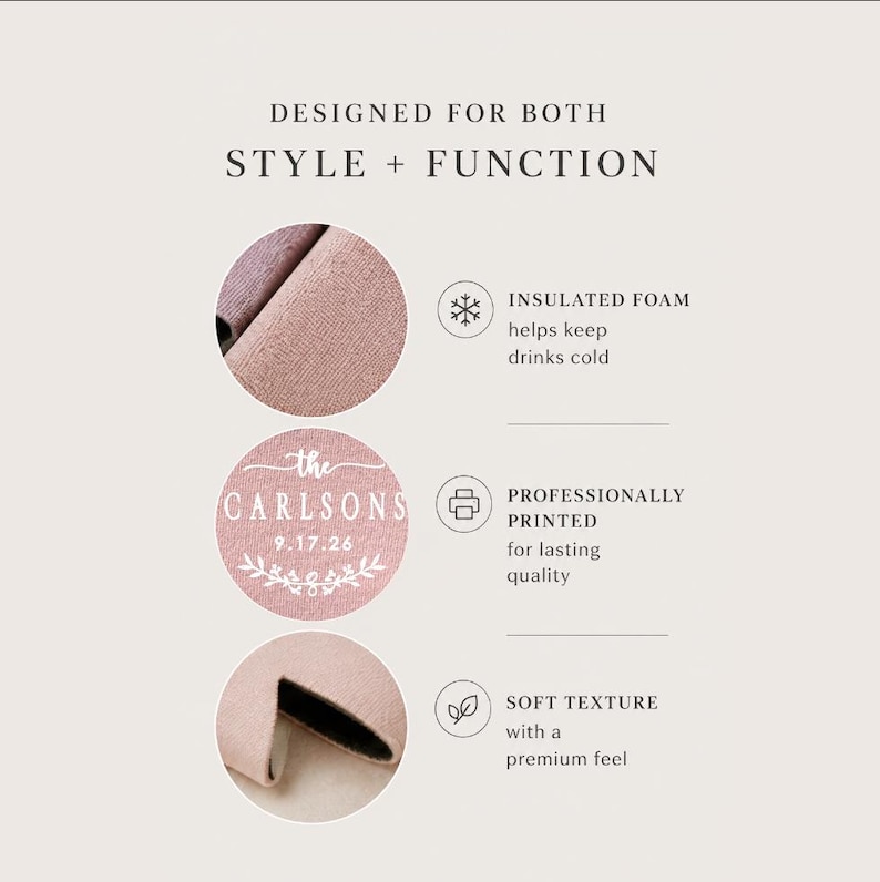 The image is a collage of three images showcasing the design and features of a product, specifically a pink fabric with text and graphics.