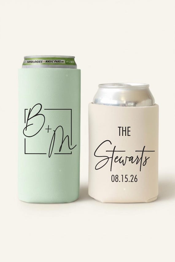 Slim & Regular Custom Wedding Can Coolers, Personalized Cozies, Monogrammed Wedding Favors