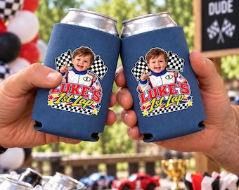 Personalized 1st Lap Birthday Can Coolers, Race Car 1st Birthday Party Favors, Custom Photo Can Cooler, First Lap Racing Birthday
