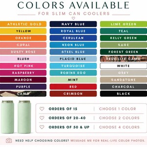 The image is a colorful selection of slim can coolers in various colors, including Navy Blue, Lime Green, Teal, Royal Blue, Orange, Coral, Steel Blue, Forest Green, Sage, and more. There are also two cans of these slim can coolers, one in each color.