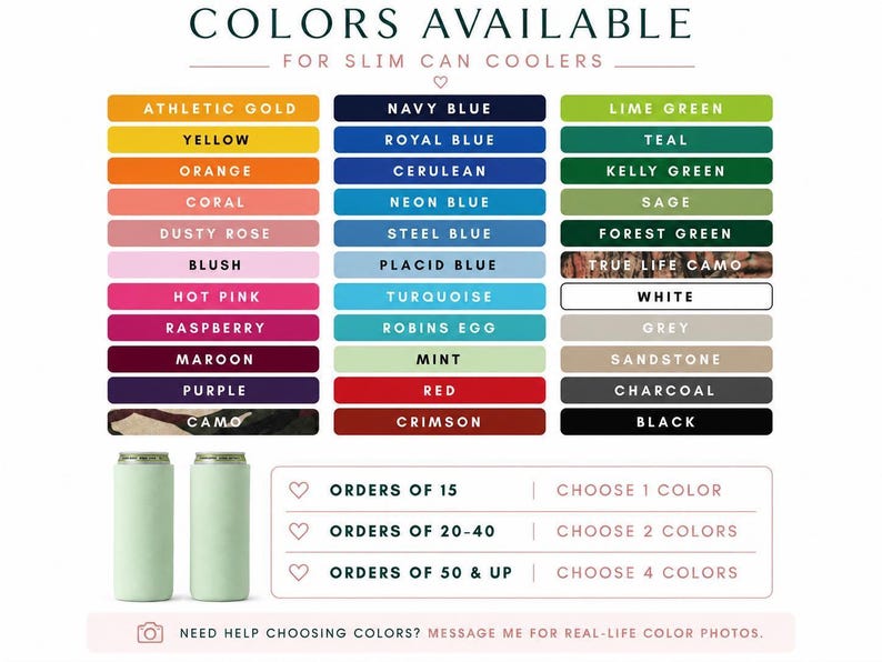 The image is a colorful selection of slim can coolers in various colors, including Navy Blue, Lime Green, Teal, Royal Blue, Orange, Coral, Steel Blue, Forest Green, Sage, and more. There are also two cans of these slim can coolers, one in each color.