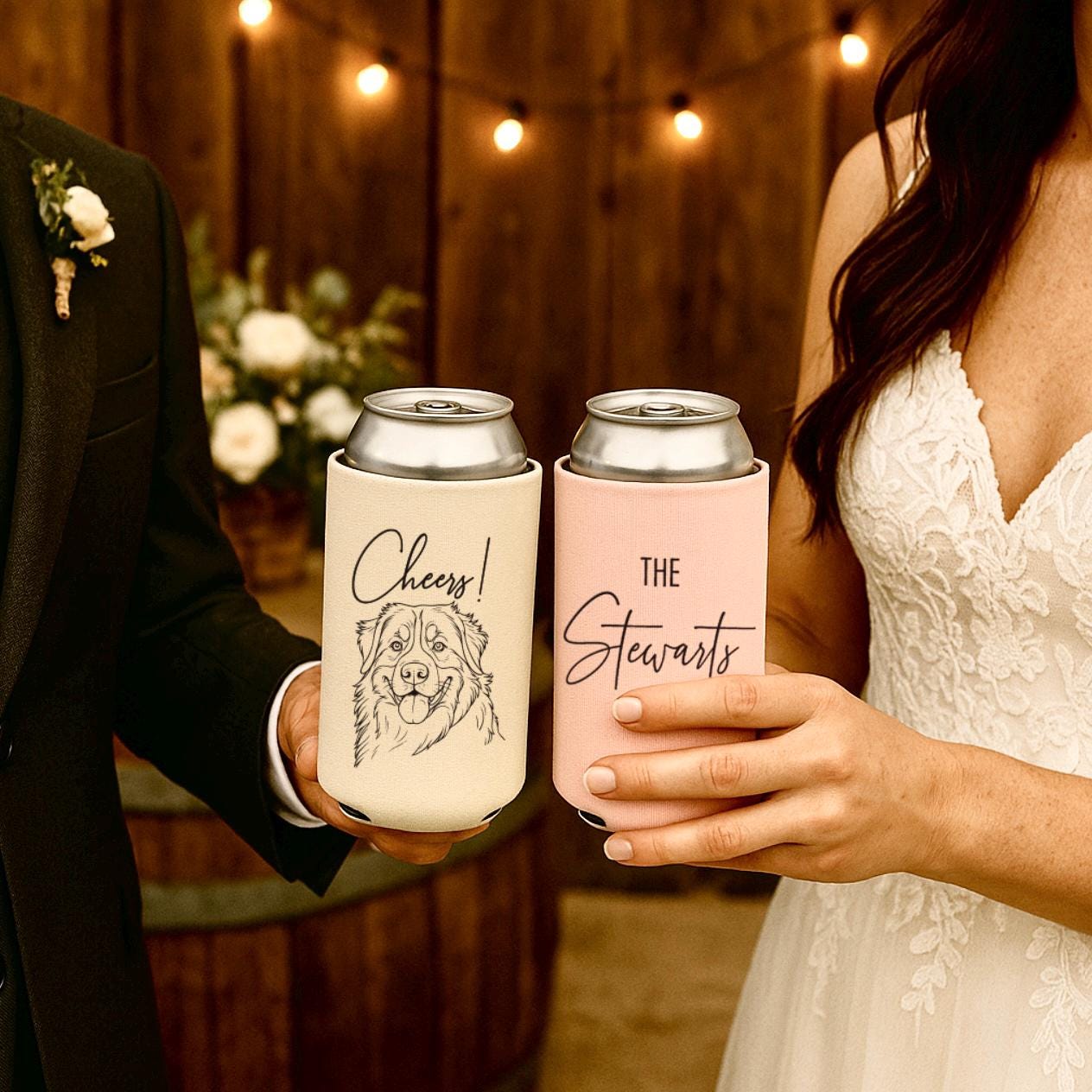 Dog Pet Sketch Custom Wedding Can Coolers, Wedding Reception Favor, Wedding Party Gift, Pet Drawing WED-062