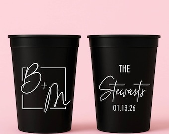Custom Wedding Stadium Cups | Personalized Wedding Favors for Guests | Bulk Plastic Cups with Names and Date for Reception & Bar