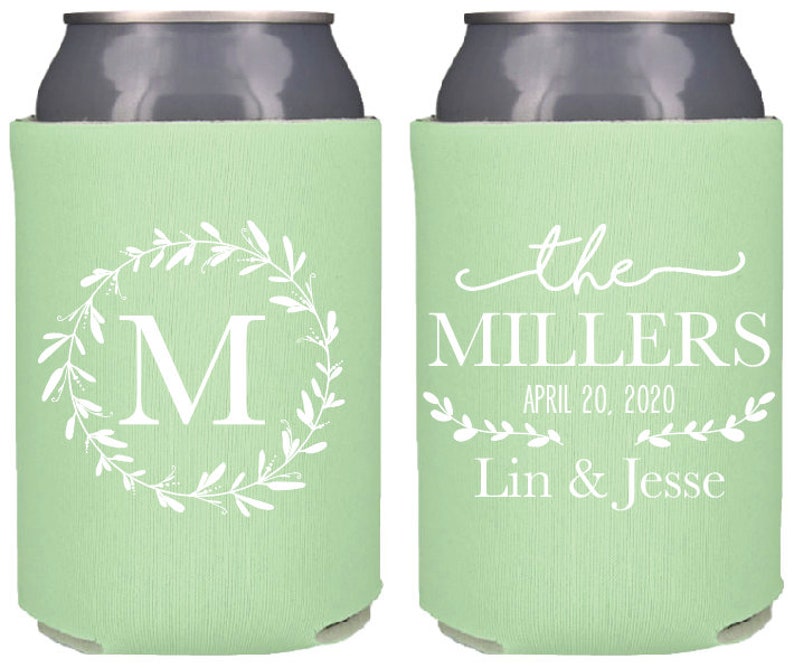 Custom Wedding Can Coolers, Personalized Floral Wreath Wedding Favor Can Cooler, Monogrammed Can Holder, Wedding Reception Favor KWE-21 