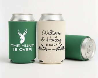 Slim & Regular Custom Wedding Cozies, Wedding Favors, The Hunt is Over