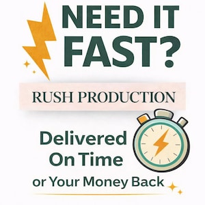 May include: White background with text: "CREATIVE PARTY DESIGN", "NEED IT FAST?", "RUSH PRODUCTION", "Delivered On Time or Your Money Back". Includes a gold lightning bolt and a stopwatch graphic.