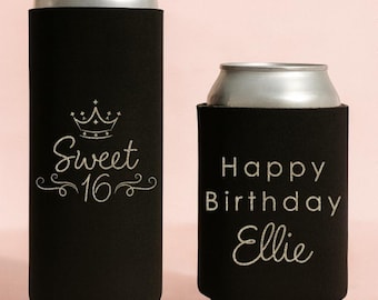 Slim & Regular Custom Sweet 16 Birthday Can Cooler: Personalized Birthday Favor
