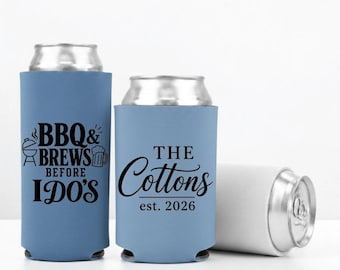 Brews Before I Do's, BBQ wedding favors, personalized wedding can coolers, backyard wedding drink huggies - WED-087
