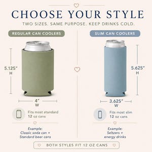two different types of can coolers, regular and slim, with their sizes and corresponding examples. The text indicates that both styles fit 12 oz cans, and the image is a collage of multiple images. The text is clear and concise, avoiding redundancy and vague descriptions.
