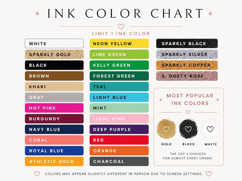 The image is an ink color chart that provides a visual guide to various ink colors, including sparkly gold, neon yellow, black, lime green, Kelly green, sparkly silver, sparkly copper, brown, forest green, sparkly rose, khaki, teal, grey, hot pink, mint, burgundy, light pink, deep purple, navy blue, royal blue, orange, and charcoal. The chart also includes the text "INK COLOR CHART" and "LIMIT 1 INK COLOR" to indicate the available colors and the maximum number of colors to be used.