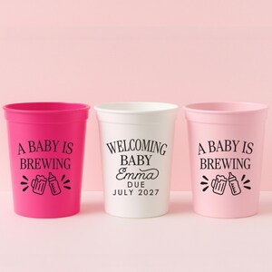 Personalized Baby Shower Stadium Cups – A Baby Is Brewing Party Favors – Custom Reusable Cups for Gender Reveal or Baby Sprinkle Decor
