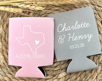NEOPRENE Custom Wedding Can Coolers, Personalized State Silhouette Drink Huggies, Wedding Party Favors, Texas Coolers WED-009