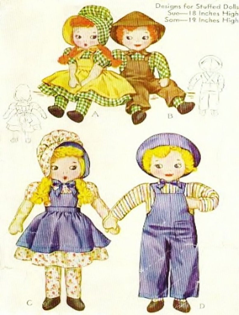 Vintage Sunbonnet Sue /& Sam Cloth Stuffed Dolls Pattern ~ 18-19/" tall 1940s