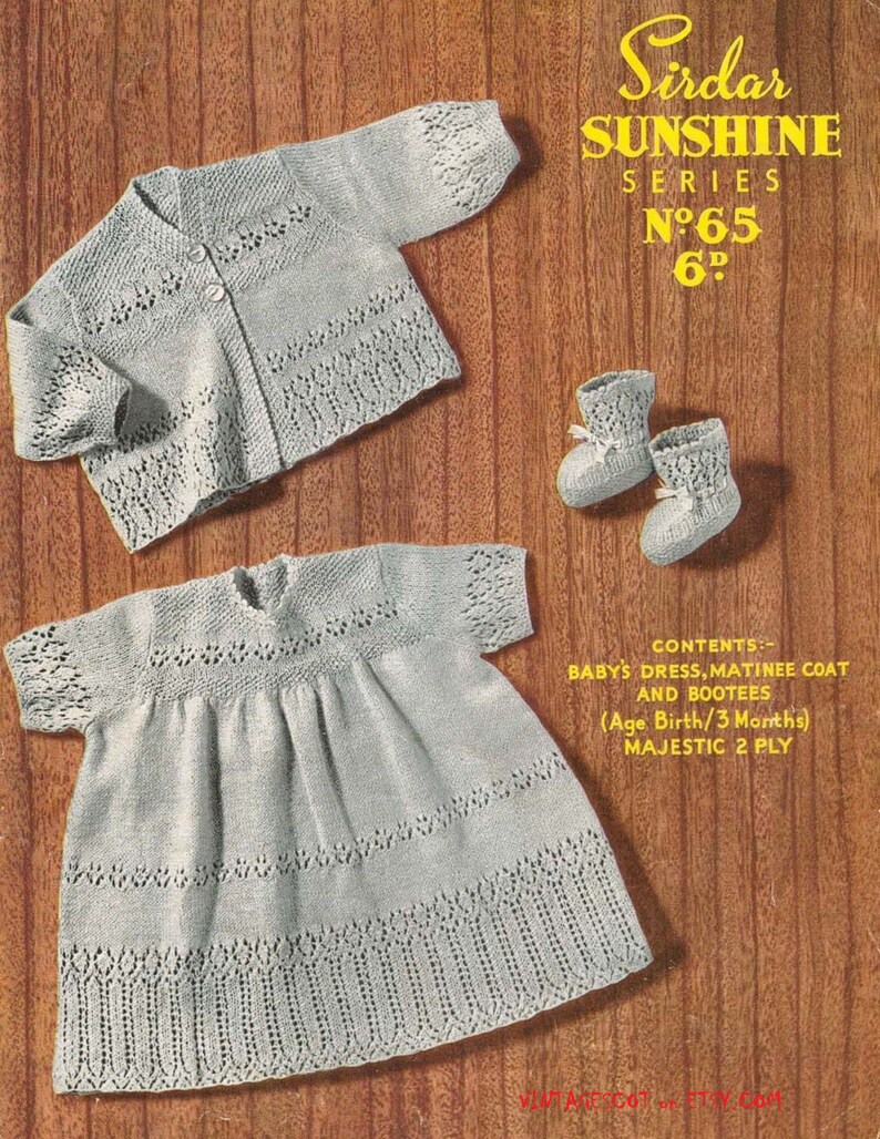 Almost Free Pdf Download Vintage Knitting Pattern To Make Baby Clothes Sirdar 65 Dress Coat Bootees For 0 3 Months Vintage 2 Ply