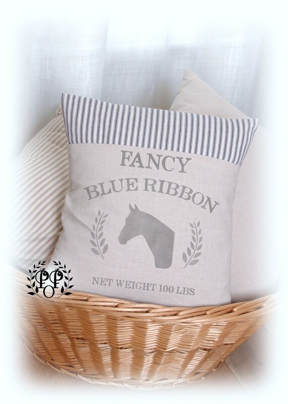 Items similar to Blue Ribbon Horse Pillow Cover, Farmhouse Style, Blue