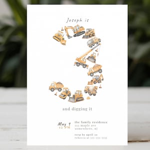 Three and Digging It Birthday Invitation Template | Construction Truck Third Birthday | Boys Birthday | Editable Canva | Instant Download