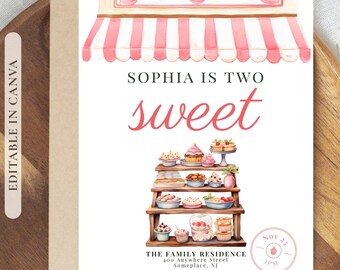 Convite de Aniversário "Doce para Dois" | Convite para Festa de Aniversário com Tema de Confeitaria | Aniversário em Loja de Doces | Modelo Editável no Canva | Convite para 2º Aniversário | 5x7