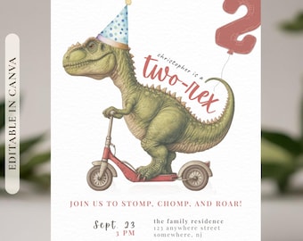 Convite de Aniversário com Dois Tiranossauros Rex | Convite de Aniversário com Tema de Dinossauro Vintage | Festa Divertida com Tema de Dinossauro | Aniversário de 2 Anos para Menino | Modelo Editável no Canva