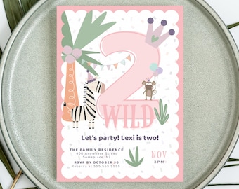 Convite para o segundo aniversário "Duas Selvagens" | Convite Safari para Menina | Modelo Editável no Canva | Festa de Aniversário na Selva | Imprimível 5x7 | Baixar
