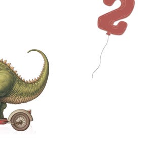 Pode incluir: Ilustra&ccedil;&atilde;o de um dinossauro verde a andar de scooter vermelho, com um bal&atilde;o vermelho com o n&uacute;mero 2. O dinossauro tem uma espinha dorsal pontiaguda e uma cauda longa. O bal&atilde;o &eacute; vermelho.