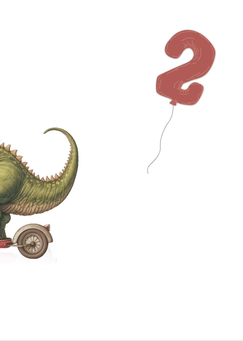 Pode incluir: Ilustra&ccedil;&atilde;o de um dinossauro verde a andar de scooter vermelho, com um bal&atilde;o vermelho com o n&uacute;mero 2. O dinossauro tem uma espinha dorsal pontiaguda e uma cauda longa. O bal&atilde;o &eacute; vermelho.