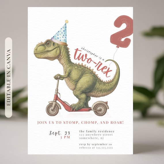 Two Rex Birthday Invitation | Vintage Dinosaur Birthday Invite | Playful Dino Party Theme | 2nd Birthday Boy | Editable Canva Template