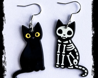 Black Cat Skeleton Drop Sterling Silver Earrings