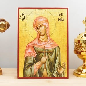 Saint Xenia the Great Martyr, Wooden Handmade Icon Greek Premium Byzantine Style Wall Hanging on Wood Plaque Religious
