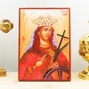 Saint Catherine “Aikaterini” of Alexandria, Wooden Handmade Icon Greek Premium Byzantine Style Wall Hanging on Wood Plaque