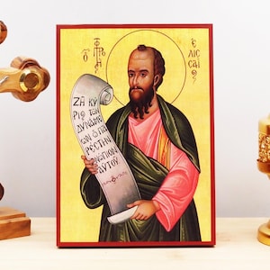 Saint Prophet Elisha, Wooden Handmade Icon Greek Premium Byzantine Style Wall Hanging on Wood Plaque Religious Theme