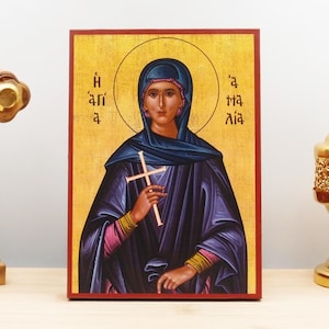 Saint “Amalia” Amalberga of Maubeuge, Wooden Handmade Icon Greek Premium Byzantine Style Wall Hanging on Wood Plaque Religious Theme