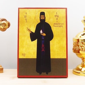 Saint Ephraim of Nea Makri the Neomartyr Fullbody, Wooden Handmade Icon Greek Premium Byzantine Style Wall Hanging on Wood Plaque