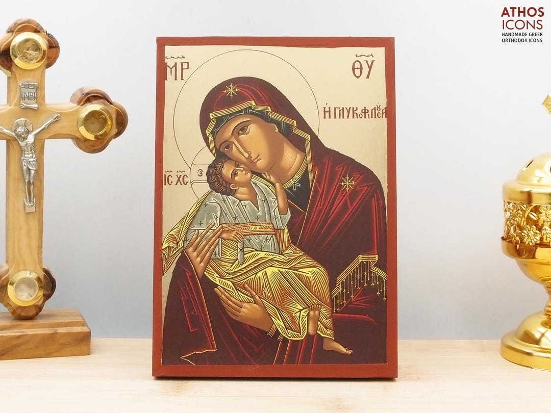 Virgin Mary Sweet Kiss Glykophilousa With Jesus Icon Handmade Greek ...