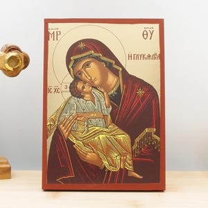 Virgin Mary Sweet Kiss “Glykophilousa” with Jesus, Wooden Handmade Icon with Gold Foil Greek Premium Byzantine Style Wall Hanging Religious