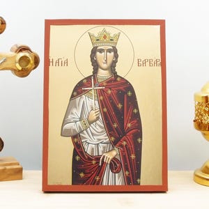 Saint Barbara &quot;Varvara&quot; the Great Martyr, Wooden Handmade Icon with  Gold Foil Greek Premium Byzantine Style Wall Hanging Religious Theme