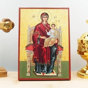 Holy Virgin Mary Enthroned with Jesus, Wooden Handmade Icon Greek Premium Byzantine Style Wall Hanging on Wood Plaque Religious Theme