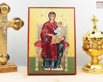 Holy Virgin Mary Enthroned with Jesus Icon Handmade Greek Orthodox Byzantine Wooden Wall Art Christian Religious Gift Home Decor