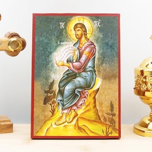 Jesus Christ The Preacher Full, Wooden Handmade Icon Greek Premium Byzantine Style Wall Hanging on Wood Plaque Religious Theme