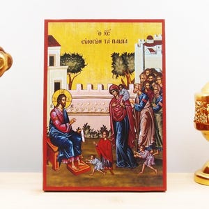 Jesus Christ Blesses the Children’s, Wooden Handmade Icon Greek Premium Byzantine Style Wall Hanging on Wood Plaque Orthodox Religious Theme