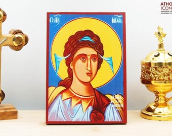 Archangel Michael Portrait Icon Handmade Greek Orthodox Byzantine Wooden Wall Art Christian Religious Gift Home Decor