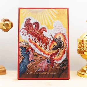 Saint Prophet Elijah or Elias Ascension into the Heavens, Wooden Handmade Icon Greek Premium Byzantine Style Wall Hanging on Wood Plaque