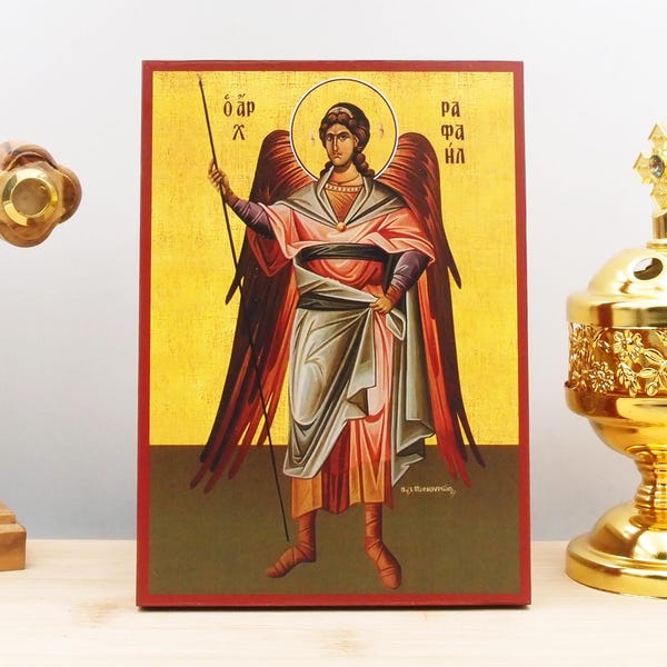 Archangel Raphael Fullbody Icon Handmade Greek Orthodox Byzantine Wooden Wall Art Christian Religious Gift Home Decor
