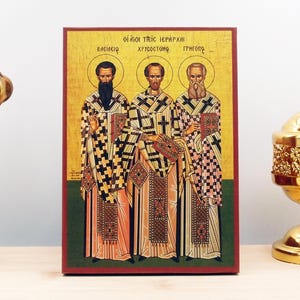 Saints Three Hierarchs Fathers of the Church, Wooden Handmade Icon Greek Premium Byzantine Style Wall Hanging on Wood Plaque