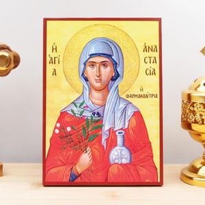 Saint Anastasia Pharmakolytria, Wooden Handmade Icon Greek Premium Byzantine Style Wall Hanging on Wood Plaque Religious Theme