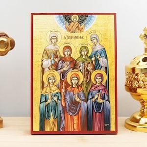 The Seven Myrrhbearers Icon Handmade Greek Orthodox Byzantine Wooden Wall Art Christian Religious Gift Home Decor
