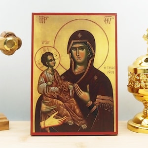 Holy Virgin Mary the Three Hands “Trixerousa” with Jesus, Wooden Handmade Icon Greek Premium Byzantine Style Wall Hanging on Wood Plaque