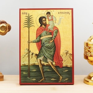 Saint Christopher with Jesus Christ Icon Handmade Greek Orthodox Byzantine Wooden Wall Art Christian Religious Gift Home Decor